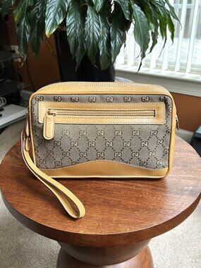 GUCCI GG Monogram Zip Clutch, Pouch, Tan